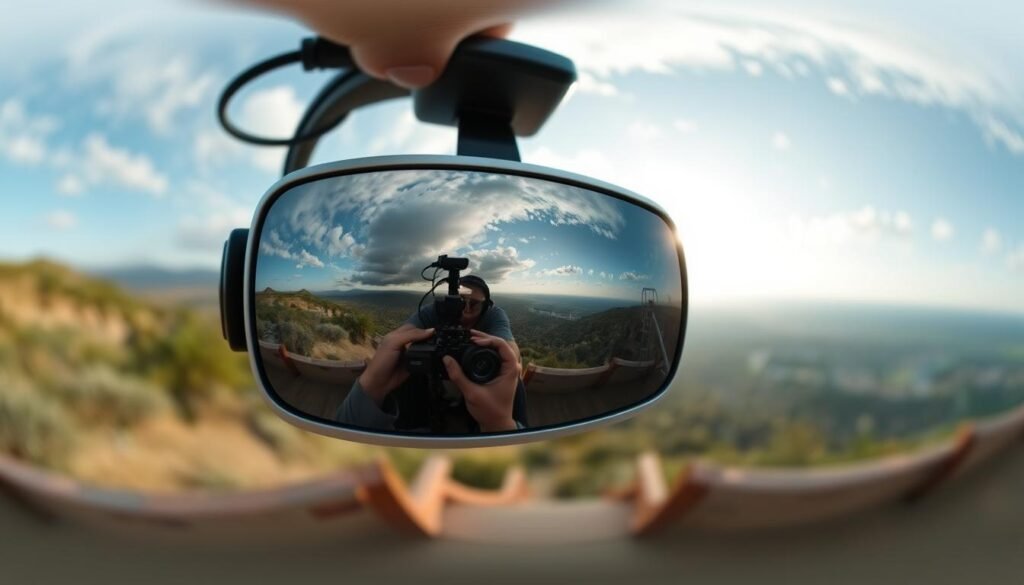 360-degree camera capturing panoramic scene with virtual reality headset 360-degree camera capturing panoramic scene with virtual reality headset