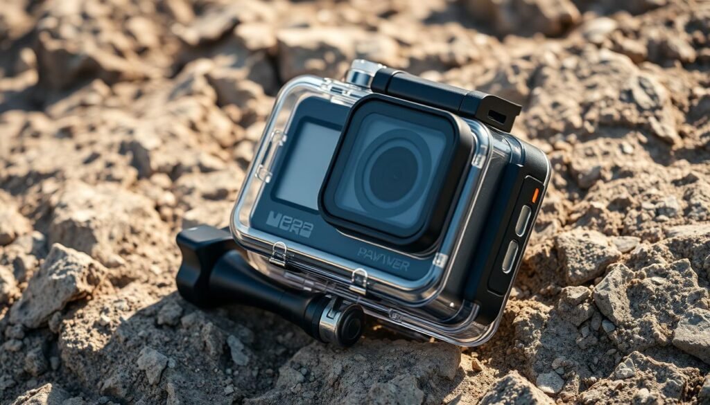 A rugged, waterproof action camera protector case rests on a rocky, textured surface. The case features a sleek, ergonomic design with a clear protective lens cover, allowing for unobstructed captures. Soft rubber padding lines the interior, cushioning the camera from impact. Sturdy metal clips and reinforced corners provide sturdy protection against drops and bumps. Bright LED indicator lights on the side signal the device's power and recording status. The protector is illuminated by a warm, natural lighting, casting subtle shadows that accentuate its robust construction. The overall scene conveys a sense of durability and reliability, befitting an essential accessory for capturing outdoor adventures.