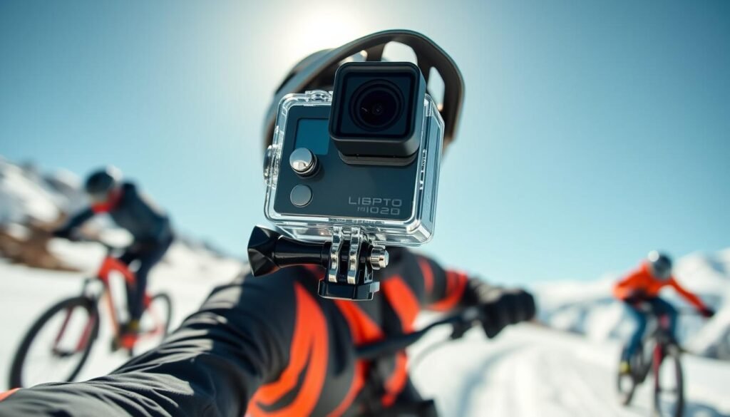 Action camera mounted on a helmet during outdoor adventure activity Action camera mounted on a helmet during outdoor adventure activity