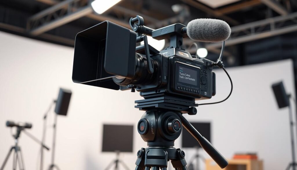 Camera mounted on tripod with external monitor for video recording Camera mounted on tripod with external monitor for video recording