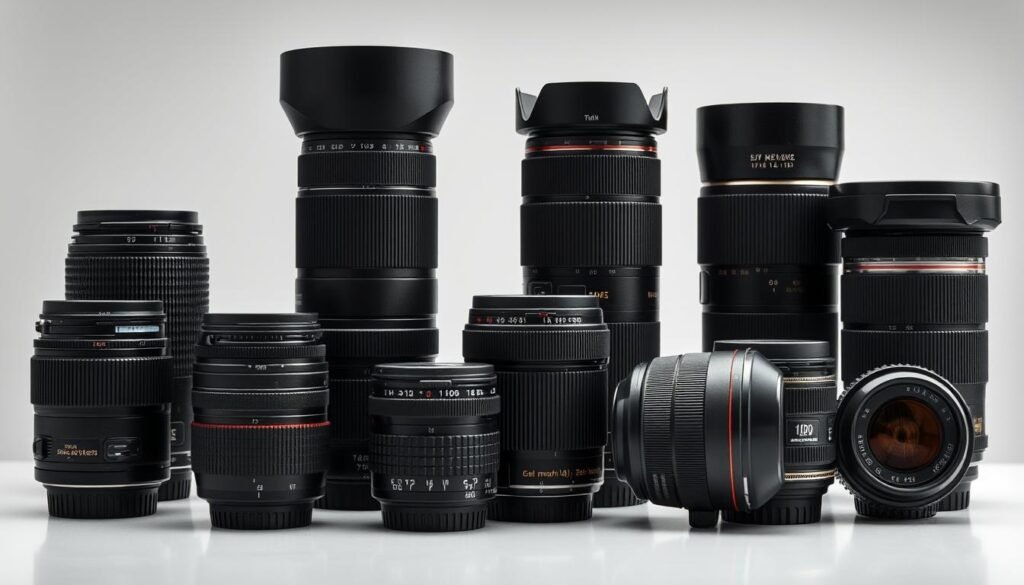 Collection of different camera lenses from wide-angle to telephoto Collection of different camera lenses from wide-angle to telephoto