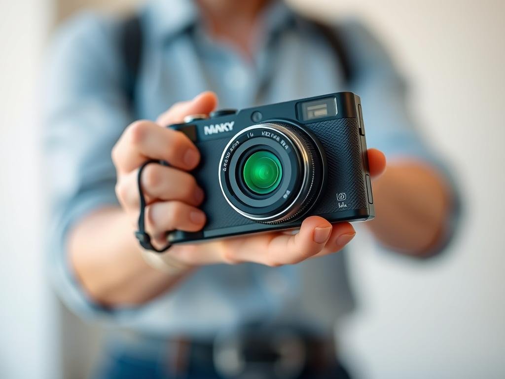 Compact point-and-shoot camera being held in hand showing its small size Compact point-and-shoot camera being held in hand showing its small size