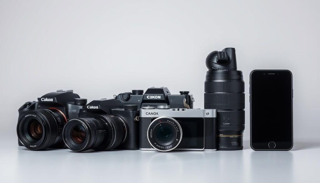 Comparison of different camera types showing DSLR, mirrorless, point-and-shoot, and smartphone cameras side by side Comparison of different camera types showing DSLR, mirrorless, point-and-shoot, and smartphone cameras side by side