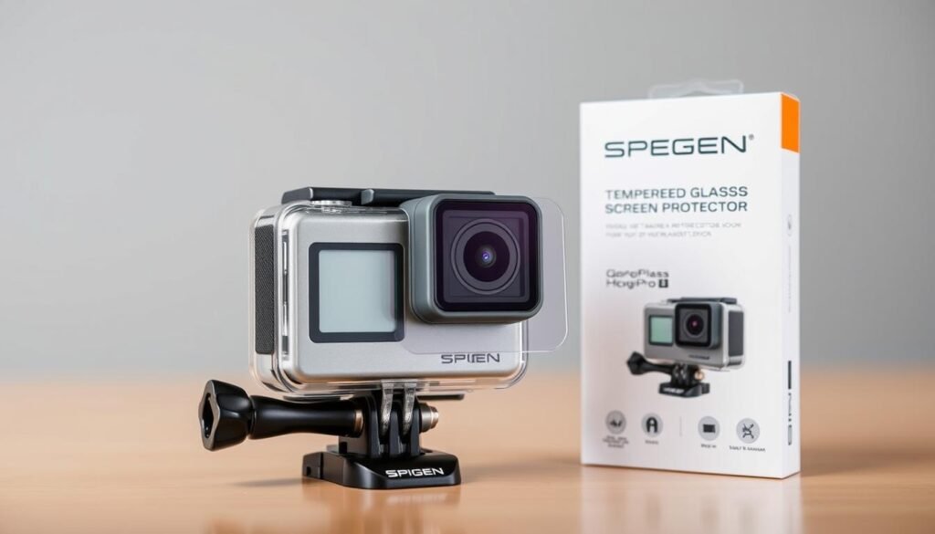 Generate an image of Spigen Tempered Glass Screen Protector for GoPro Hero Series