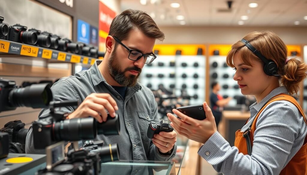 Person comparing different camera models in a camera store Person comparing different camera models in a camera store
