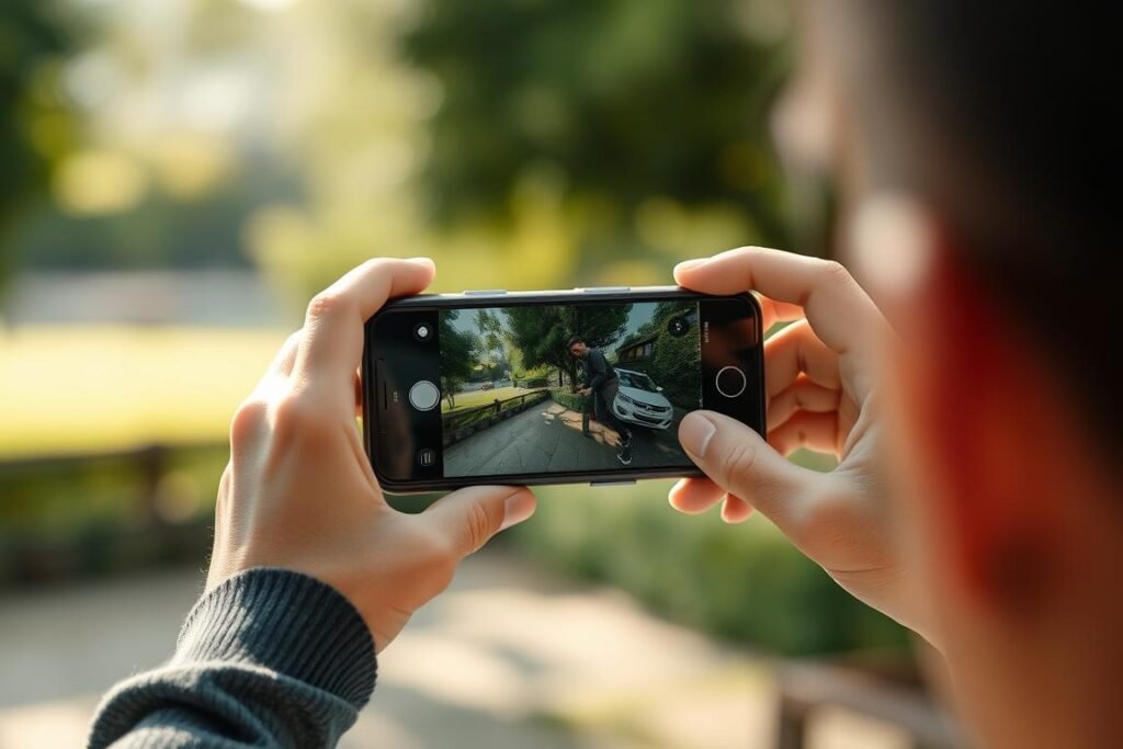 Person taking photo with smartphone camera showing the screen interface Person taking photo with smartphone camera showing the screen interface