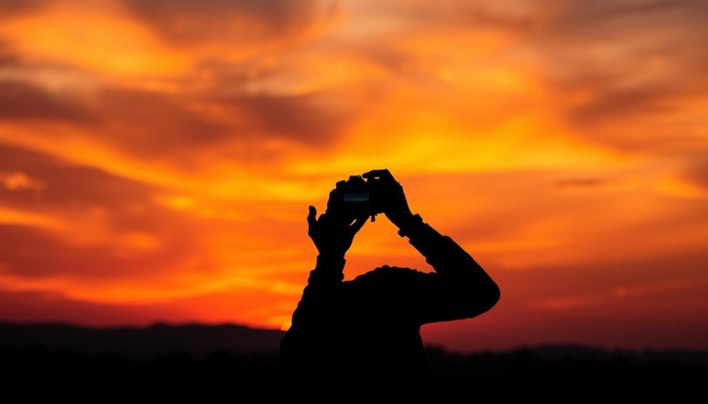 Photographer capturing sunset with camera silhouetted against colorful sky Photographer capturing sunset with camera silhouetted against colorful sky