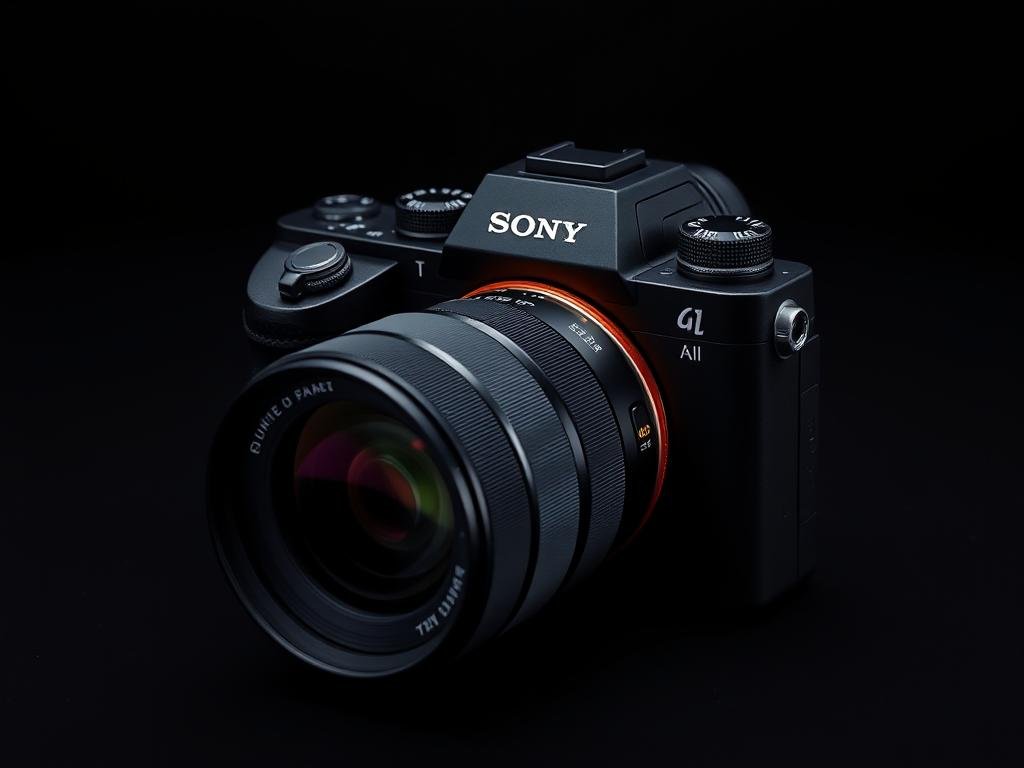 Sony Alpha a7 III mirrorless camera with attached lens on a dark background Sony Alpha a7 III mirrorless camera with attached lens on a dark background