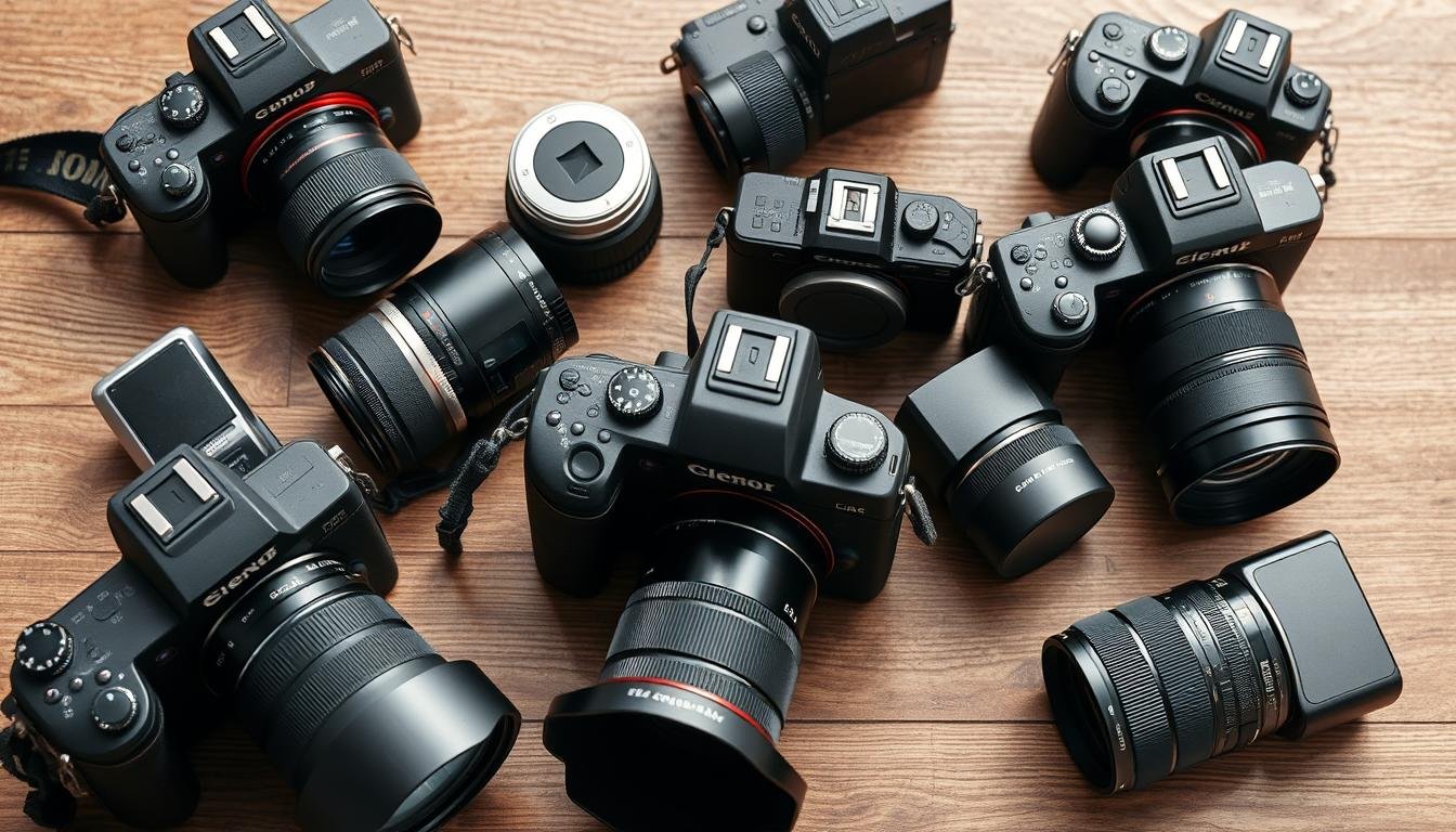Various types of modern cameras including DSLR, mirrorless, and point-and-shoot cameras arranged on a wooden surface